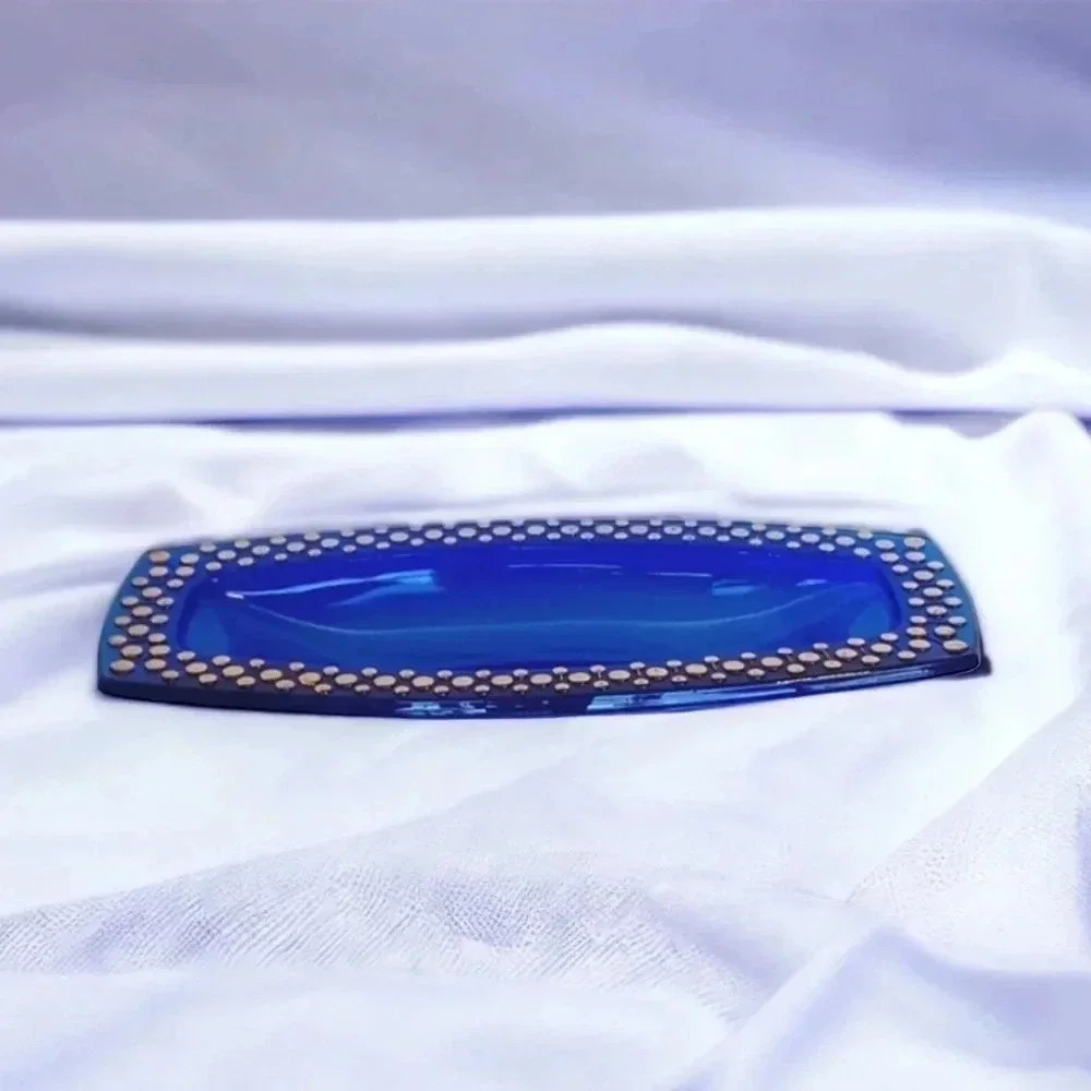 Vintage cobalt blue and gold rectangular dish bowl - Picture 2 of 4